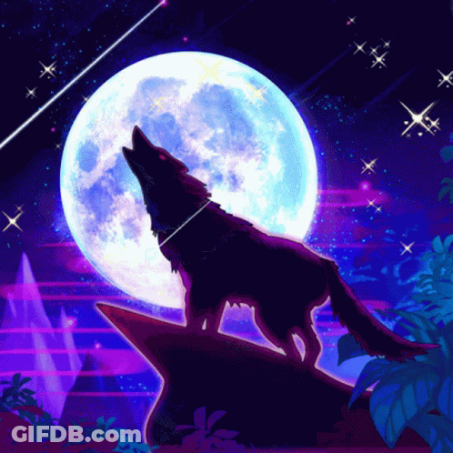 A Wolf Is Howling At The Full Moon In A Colorful Illustration GIF