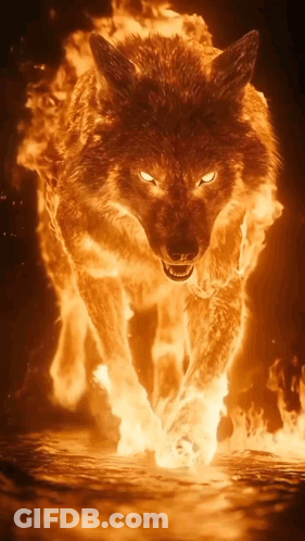 A Wolf Is Surrounded By Flames And Looks Like It Is On Fire GIF
