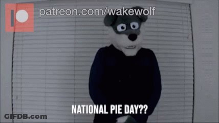 A Wolf Mascot Says National Pie Day In Front Of Blinds GIF