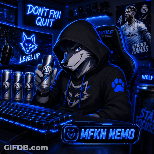 A Wolf Sitting At A Computer With A Sign That Says " Do N't Fkn Quit " GIF
