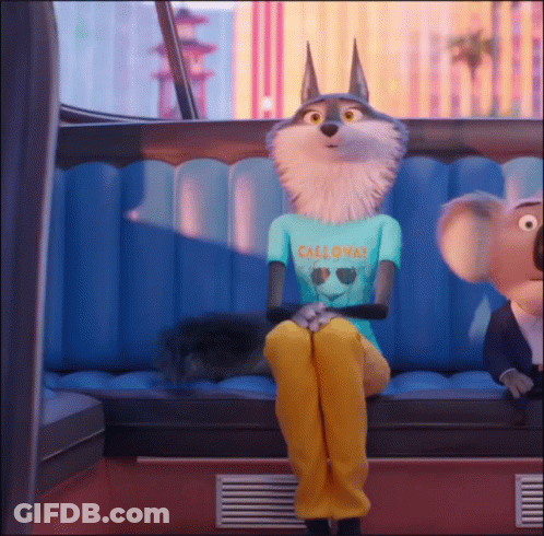 A Wolf Wearing A California Shirt Sits On A Blue Couch GIF