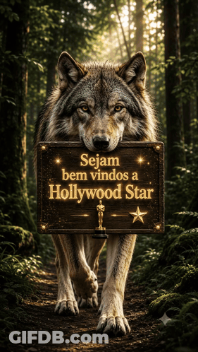 A Wolf With A Sign That Says Sejam Bem Vindos A Hollywood Star GIF