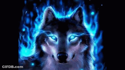 A Wolf With Blue Flames Coming Out Of Its Eyes GIF