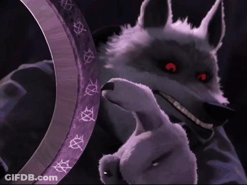 A Wolf With Red Eyes Is Holding A Stuffed Animal In Front Of A Mirror GIF