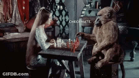 A Woman And A Baboon Are Playing Chess At A Table . GIF