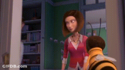 A Woman And A Bee Are Standing Next To Each Other In A Room In A Cartoon . GIF