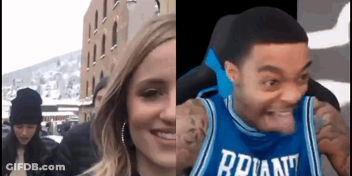 A Woman And A Man Are Standing Next To Each Other . The Man Is Wearing A Jersey That Says Bryant . GIF