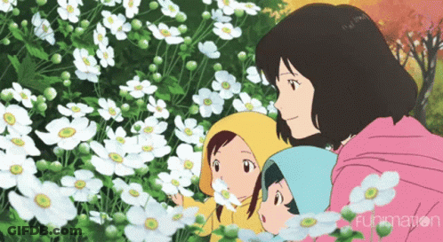 A Woman And Two Children Are Looking At White Flowers With Funimation Written On The Bottom GIF
