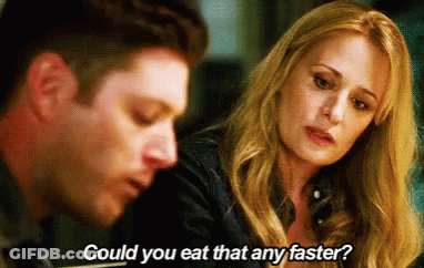 A Woman Asks A Man If He Could Eat Something Faster GIF