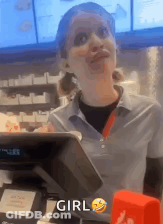 A Woman Behind A Counter With The Word Girl On The Bottom Right GIF