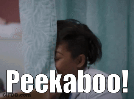 A Woman Behind A Curtain With The Words Peekaboo Written Below Her GIF