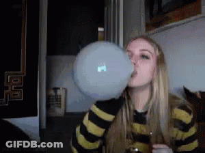 A Woman Blowing Up A Bubble With A Macbook Logo On It GIF