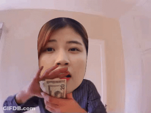 A Woman Covering Her Face With A Stack Of Money GIF