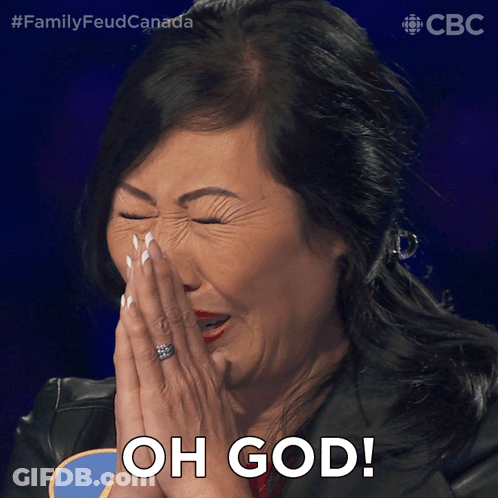 A Woman Covering Her Face With Her Hands And The Words Oh God On The Bottom GIF