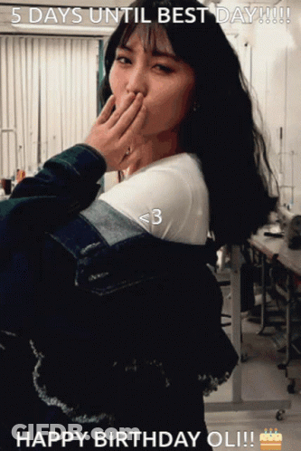 A Woman Covering Her Mouth With Her Hand With The Words 5 Days Until Best Day Happy Birthday Oli GIF