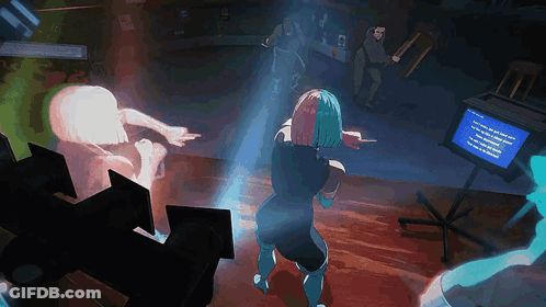 A Woman Dancing In Front Of A Computer Monitor That Says Windows Error Message GIF