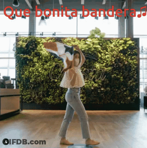 A Woman Dancing In Front Of A Green Wall With Que Bonita Bandera Written Above Her GIF