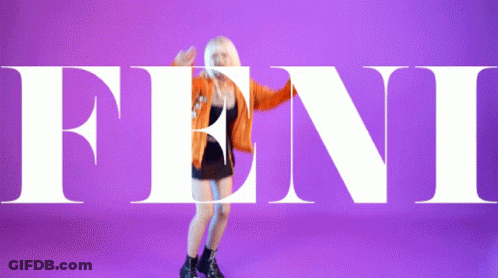 A Woman Dancing In Front Of The Word Feni On A Purple Background GIF