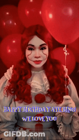 A Woman Dressed As A Clown Holding A Red Balloon With The Words Happy Birthday Ate Bingo We Love You GIF