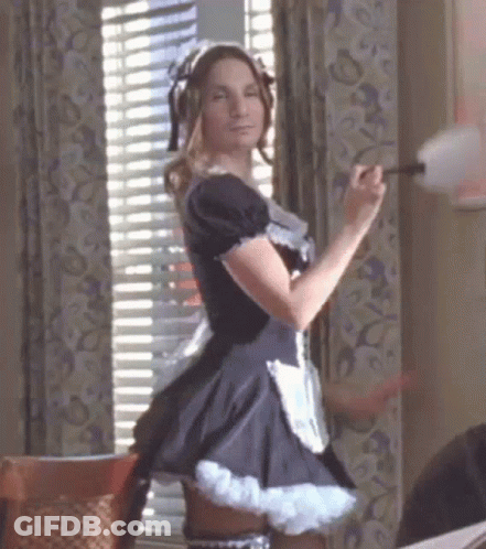 A Woman Dressed As A Maid Is Standing In Front Of A Window Holding A Duster . GIF