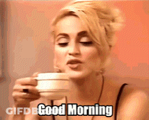 A Woman Drinking A Cup Of Coffee With The Words Good Morning Written On The Bottom GIF