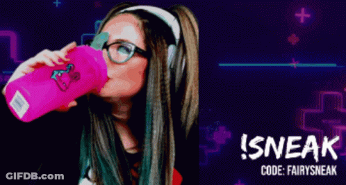 A Woman Drinking From A Pink Bottle With The Words Sneak Code Fairysneak GIF