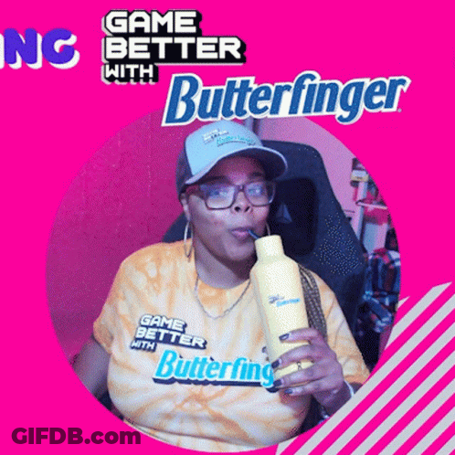 A Woman Drinking From A Yellow Bottle With The Words Game Better With Butterfinger On The Bottom GIF