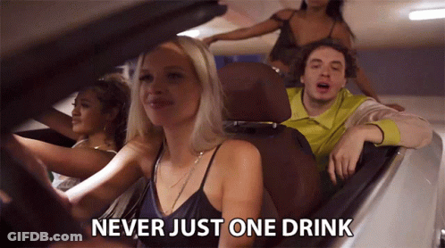 A Woman Driving A Car With The Words Never Just One Drink GIF