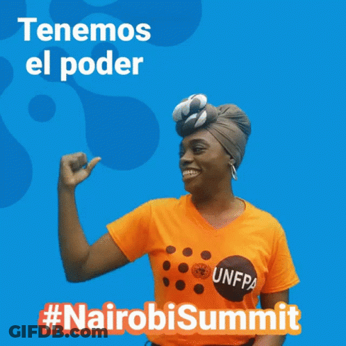 A Woman Flexes Her Arm In Front Of A Blue Background That Says " Tenemos El Poder " GIF