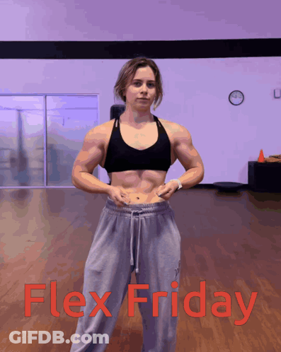 A Woman Flexes Her Muscles In A Gym With The Words Flex Friday Written In Red GIF