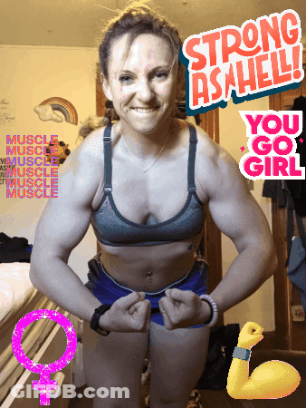 A Woman Flexes Her Muscles In Front Of A Sign That Says Strong As Hell You Go Girl GIF