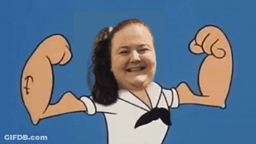 A Woman Flexing Her Muscles In A Cartoon Style With A Letter F On Her Arm GIF
