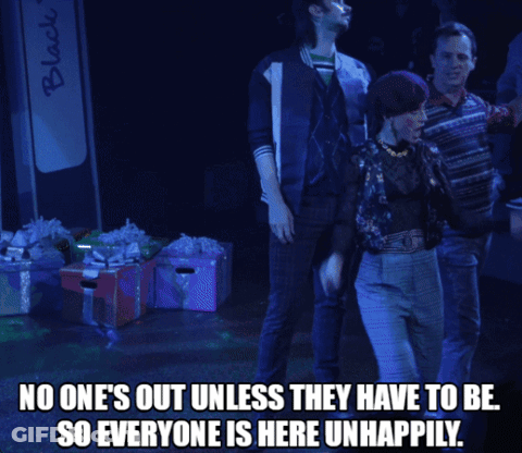 A Woman Giving A Middle Finger With The Words No One 'S Out Unless They Have To Be So Everyone Is Here Unhappily Below H GIF