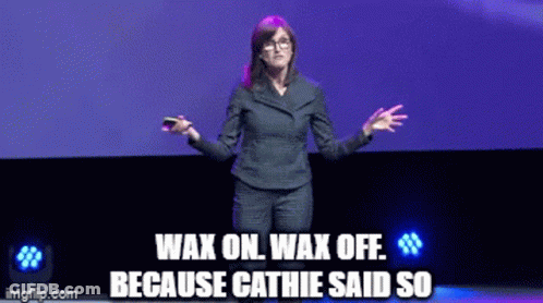 A Woman Giving A Speech With The Words Wax On Wax Off Because Cathie Said So Written Below Her GIF