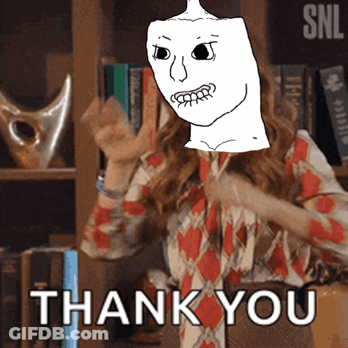 A Woman Giving A Thumbs Up With A Drawing Of A Face Behind Her That Says Thank You GIF