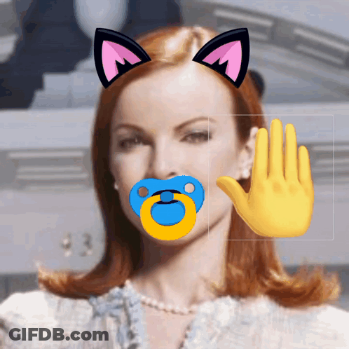 A Woman Has A Pacifier In Her Mouth And A Yellow Hand GIF