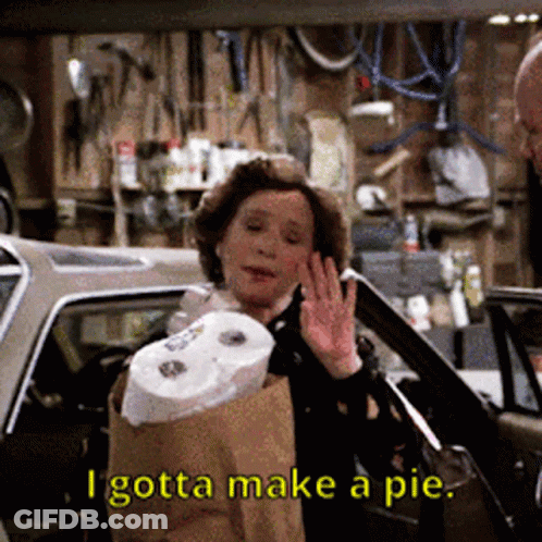 A Woman Holding A Bag Of Toilet Paper Says " I Gotta Make A Pie " GIF