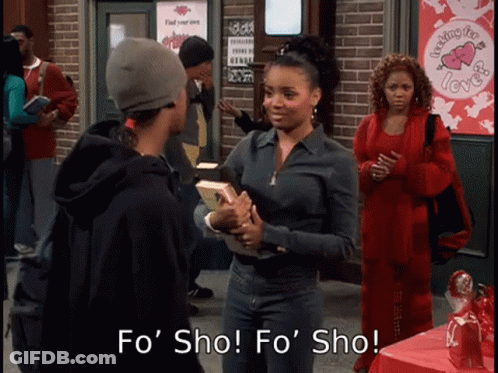 A Woman Holding A Book Says " Fo Sho " In Front Of A Sign That Says " Feeling For Love " GIF