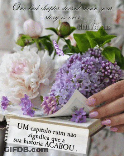 A Woman Holding A Book With Purple Flowers And A Quote That Says One Bad Chapter Does N't Mean Your Story GIF