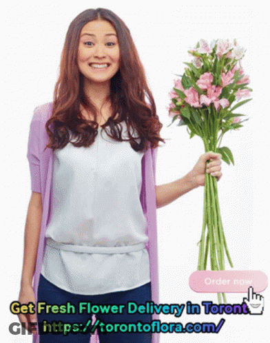 A Woman Holding A Bouquet Of Pink Flowers Next To A Button That Says Get Fresh Flower Delivery In Toronto GIF