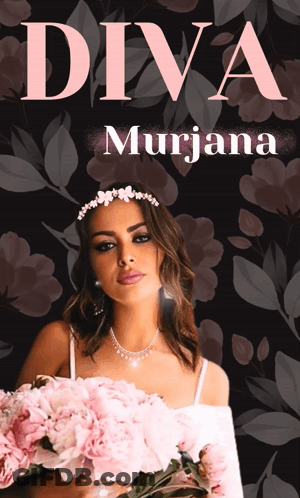 A Woman Holding A Bouquet Of Pink Flowers With Diva Murjana Written On The Top GIF