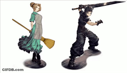 A Woman Holding A Broom Next To A Man Holding A Sword With The Words Power Couple Behind Them GIF