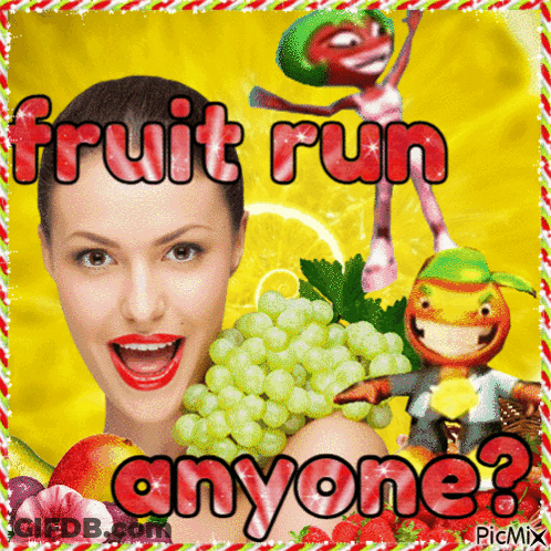 A Woman Holding A Bunch Of Grapes With The Words Fruit Run Anyone Written On It GIF