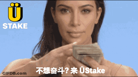 A Woman Holding A Bunch Of Money In Front Of A Sign That Says ' Stake ' GIF