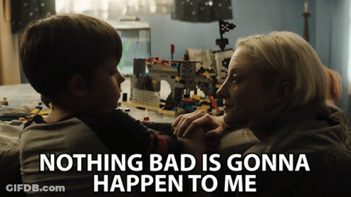A Woman Holding A Child With The Words " Nothing Bad Is Gonna Happen To Me " On The Bottom GIF
