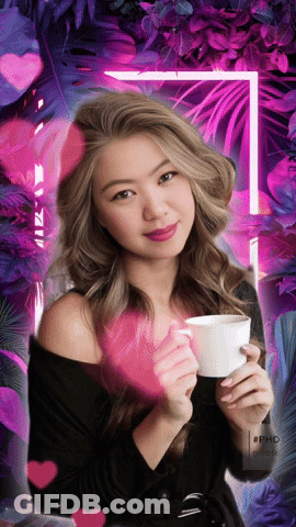 A Woman Holding A Cup Of Coffee In Front Of A Purple And Pink Background GIF