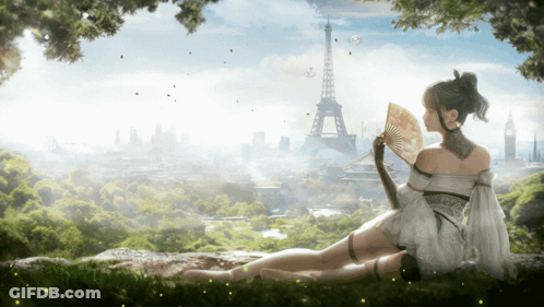 A Woman Holding A Fan In Front Of The Eiffel Tower In Paris GIF