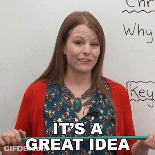 A Woman Holding A Green Stick With The Words " It 'S A Great Idea " On It GIF
