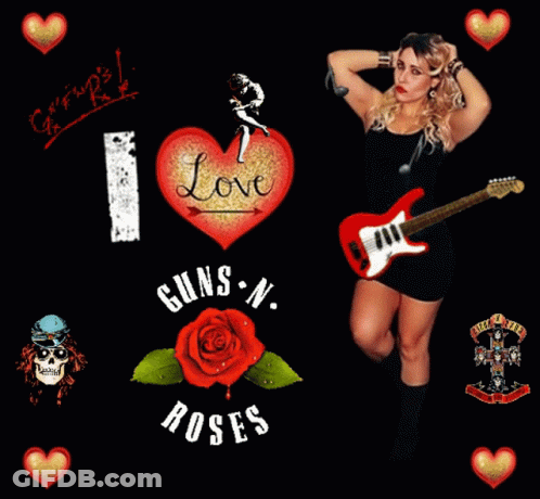 A Woman Holding A Guitar In Front Of Guns N Roses Logos GIF