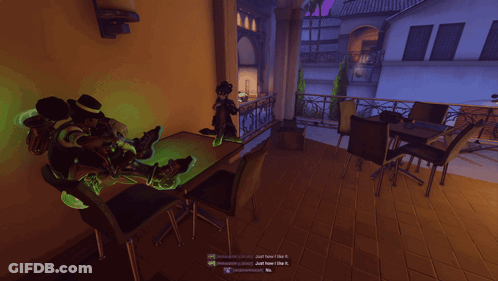 A Woman Holding A Gun Stands On A Balcony With A Neon Sign That Says ' I Love You ' On It GIF
